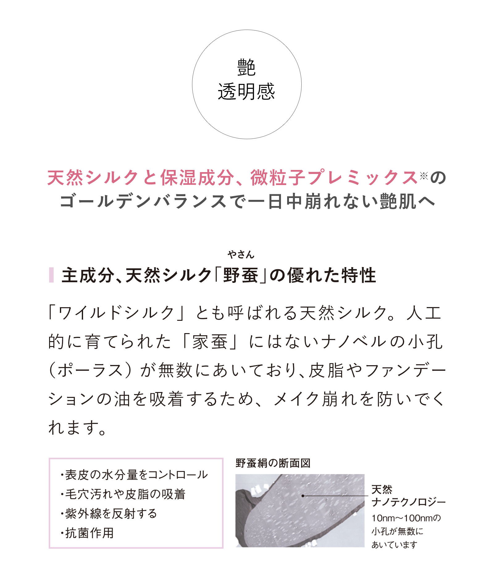 天然シルクと保湿成分、微粒子プレミックス※のゴールデンバランスで一日中崩れない艶肌へ